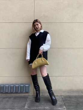 「EMODA（エモダ）のスクエアポイントミドルブーツ（ブーツ）」を使った、加納沙耶佳さん（レディース・152cm）の秋コーディネート