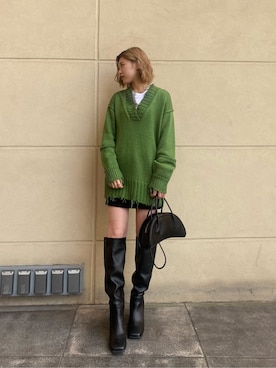 「EMODA（エモダ）のスクエアポイントミドルブーツ（ブーツ）」を使った、加納沙耶佳さん（レディース・152cm）の秋コーディネート