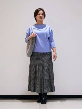 「INDIVI（インディヴィ）の【SETUP可能／洗える／UVケア】ライトジャージ ボトルネックトップス（Tシャツ/カットソー、ブルー系）」を使った、gissyさん（レディース・161cm）の秋コーディネート
