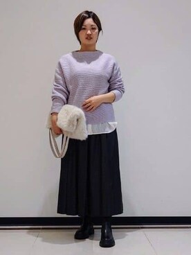 「INDIVI（インディヴィ）のレザー調ギャザースカート（スカート、ブラック系）」を使った、gissyさん（レディース・161cm）の冬コーディネート