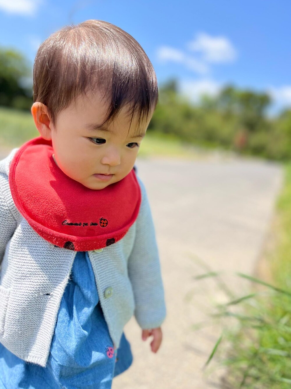 「過去のコーデ、コーデ記録、てんとう虫柄、お花摘み」｜「COMME CA ISMのアイテム（スタイ/よだれかけ、レッド系）」を使った、riryさん（キッズ・70cm）の秋コーディネートの1枚目の写真