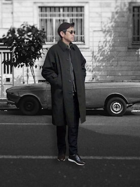「JUNRED（ジュンレッド）のアイテム（ステンカラーコート）」を使った、⁡निरवाणさん（メンズ・181cm）の冬コーディネート