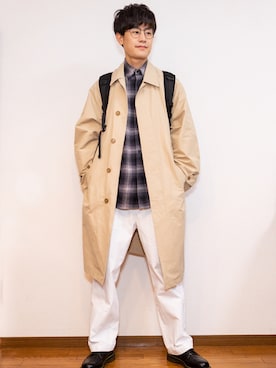 「チェックシャツ」｜「アイテム（ステンカラーコート）」を使った、いそがわさんさん（メンズ・181cm）の秋コーディネート