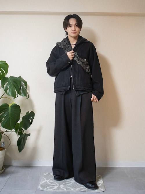 LURAKU】Leather Collar Zip-Up Denim Jacket / 襟レザージップアップ