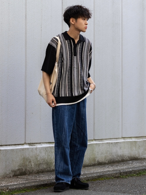 MONO-MART ポロシャツ レトロジャガードストライプ ルーズニット
