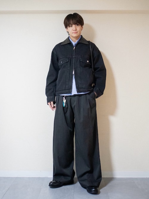 LURAKU】Leather Collar Zip-Up Denim Jacket / 襟レザージップ