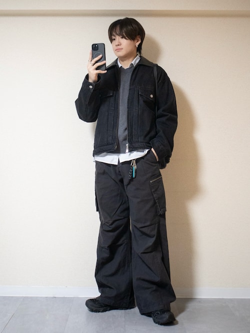 LURAKU】Leather Collar Zip-Up Denim Jacket / 襟レザージップアップ