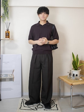 「WYM LIDNM（ウィム バイ リドム）のSEMI WIDE STRAIGHT CLASSIC SLACKS（スラックス、ブラウン系）」を使った、ともきさん（メンズ・168cm）の夏コーディネート