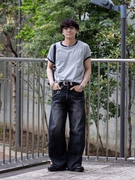 「NVRFRGT（ネヴァーフォーゲット）のPanelled Half Sleeve Ringer T-Shirt（Tシャツ/カットソー、グレー系）」を使った、ともきさん（メンズ・168cm）の春コーディネート