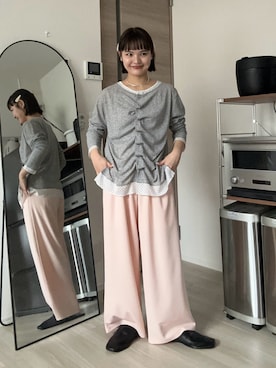 「CIAOPANIC TYPY（チャオパニックティピー）の【冷房・日焼け対策にも◎】フロントタックレイヤードライクメランジリブシアーカーディガン（カーディガン/ボレロ、グレー系）」を使った、YOSHIEさん（レディース・156cm）の春コーディネート