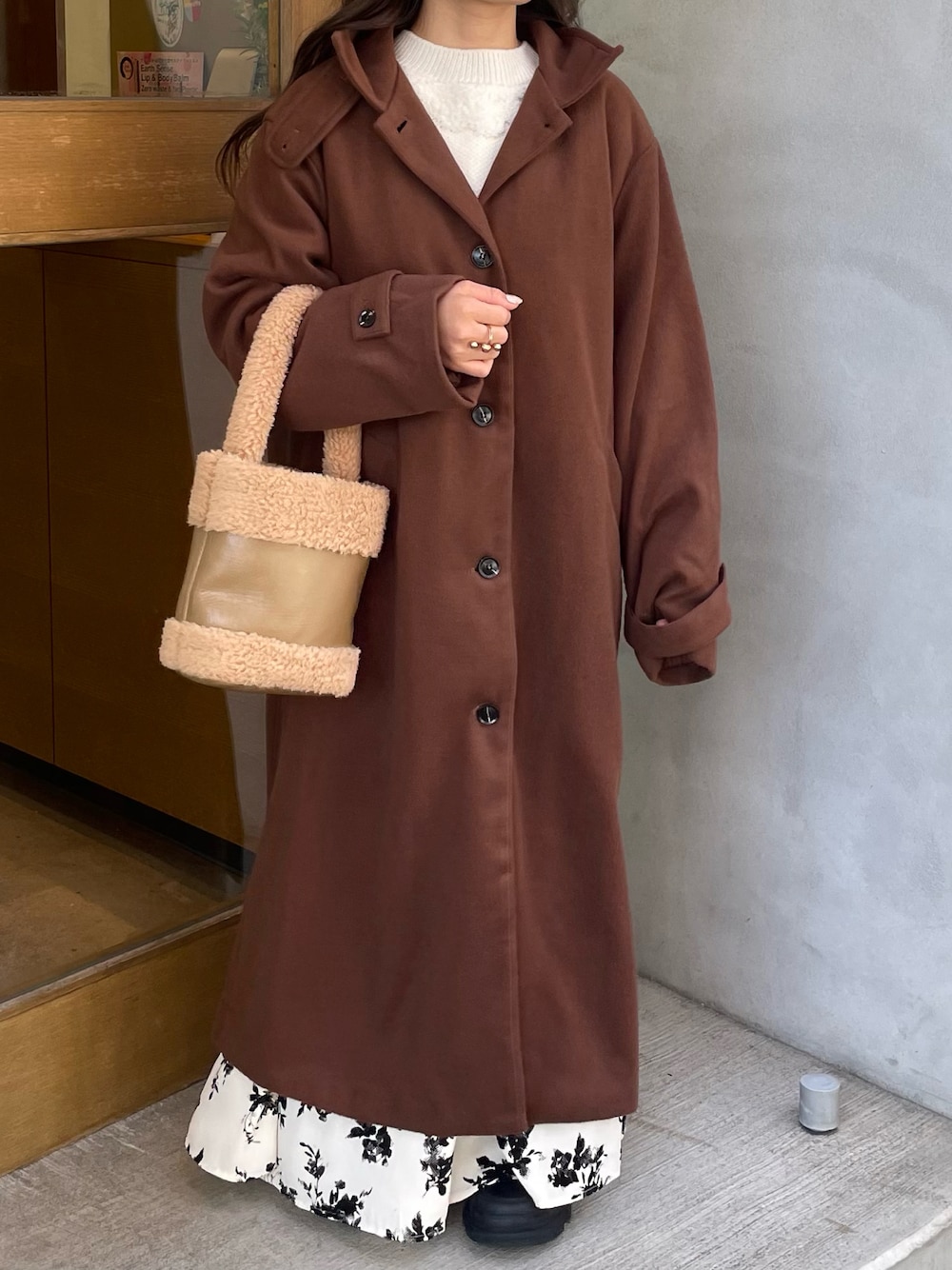 「最近のいい感じコーデ、クリスマスに着たい服、冬のコーデ、大人コーデ、低身長女子、冬コート」｜「callautiaの千鳥チェックスタンドカラーロングコート（その他アウター、ブラウン系）」を使った、mayuchan04さん（レディース・145cm）の冬コーディネートの1枚目の写真