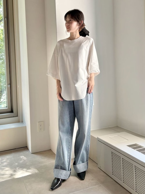 ミースロエ　サテン切り替えカットソートップス　ホワイト　半袖Tシャツ　タグ付き サテン切り替えカットソートップス(カットソー)｜トップス