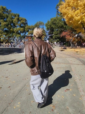 「アイテム（ライダースジャケット）」を使った、sporoさん（レディース・157cm）の冬コーディネート