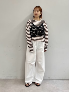 「Omekashi（オメカシ）のダブルストラップサンダル（サンダル、ブラック系）」を使った、yukaさん（レディース・159cm）の夏コーディネート