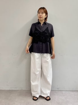 「Omekashi（オメカシ）のダブルストラップサンダル（サンダル、ブラック系）」を使った、yukaさん（レディース・159cm）の夏コーディネート