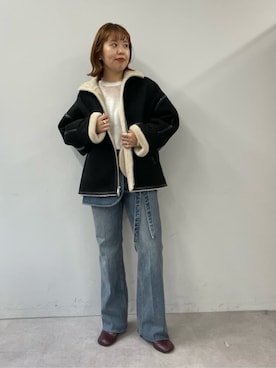 「Omekashi（オメカシ）のポケット付きフレアデニム（デニムパンツ）」を使った、yuka083さん（レディース・159cm）の秋コーディネート