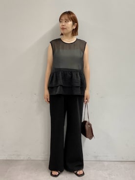 「Omekashi（オメカシ）のダブルストラップサンダル（サンダル、ブラック系）」を使った、yukaさん（レディース・159cm）の夏コーディネート