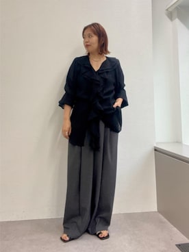 「Omekashi（オメカシ）の【トレンドシルエット◎】バレルスラックス（その他パンツ、グレー系）」を使った、yukaさん（レディース・159cm）の夏コーディネート