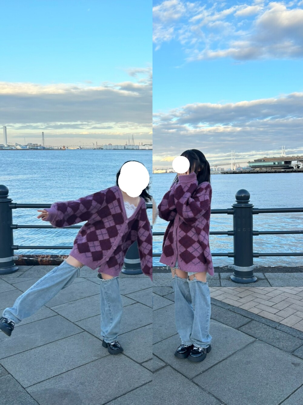 ピンク系のカーディガン/ボレロ、ホワイト系のキャミソール、ブルー系のパンツを着用したレディースの冬コーディネートの1枚目の写真