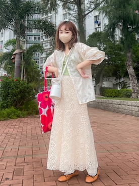 「Kastane（カスタネ）のシアージャガードレース2WAYカーディガン（シャツ/ブラウス、ホワイト系）」を使った、peach .さん（レディース・156cm）の春コーディネート