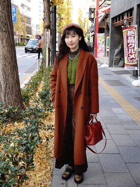 「motherhouseのアイテム（バッグ、レッド系）」を使った、yululu. leさん（レディース・159cm）の冬コーディネート