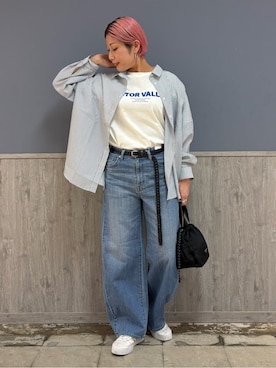 「Right-on（ライトオン）のHONEYSUCKLE ROSE(ハニーサックルローズ)ストライプビッグシャツ（シャツ/ブラウス、ホワイト系）」を使った、ナチさん（レディース・163cm）の春コーディネート