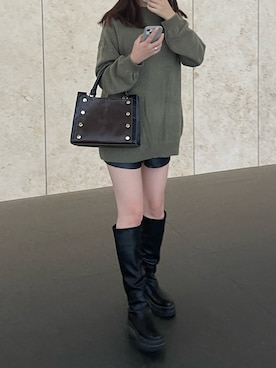 「fupel（フぺル）のモックネックオーバーサイズニット（ニット/セーター、グリーン系）」を使った、arさん（レディース・160cm）の秋コーディネート