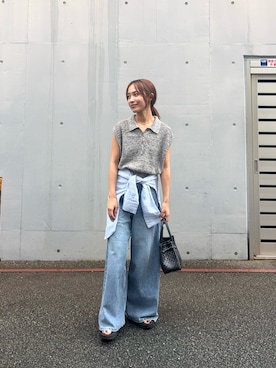 「URBAN RESEARCH（アーバンリサーチ）のシャツカラーメッシュニット（ニット/セーター、ブラック系）」を使った、菜乃さん（レディース・155cm）の夏コーディネート