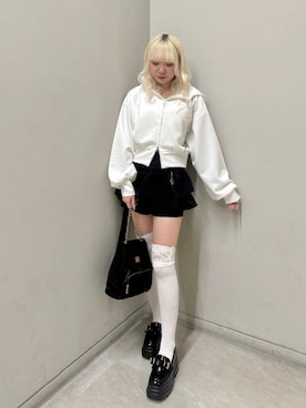 「one after another NICE CLAUP（ワンアフターアナザーナイスクラップ）のチュールロゴショートパーカー（パーカー、ホワイト系）」を使った、naoさん（レディース・163cm）の春コーディネート