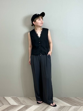 「Gready Brilliant（グレディブリリアン）のレースカシュクールジレ（ベスト）」を使った、YAMASHITAさん（レディース・156cm）の夏コーディネート