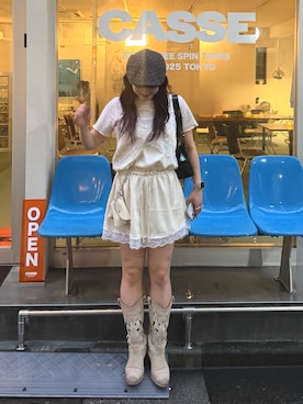 「w closet（ダブルクローゼット）の【3色展開】Vレースミニキャミワンピース（ワンピース、ホワイト系）」を使った、erina yamshitaさん（レディース・160cm）の夏コーディネート
