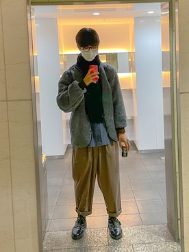 「no brand（ノーブランド）のアイテム（ノーカラージャケット）」を使った、Rさん（メンズ・185cm）の冬コーディネート