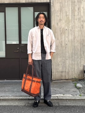 「NOLLEY’S（ノーリーズ）のTRADITIONAL OX クジラBD ボタンダウンシャツ 26AW（シャツ/ブラウス、ベージュ系）」を使った、NISHINOさん（メンズ・178cm）の夏コーディネート