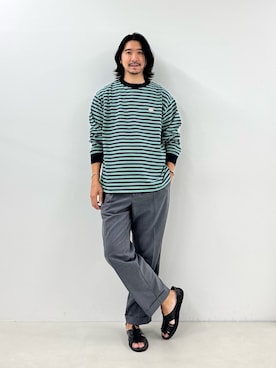「NOLLEY’S（ノーリーズ）の【DANTON/ダントン】長袖Tシャツ LONG SLEEVE T-SHIRT（DT-C0200）（Tシャツ/カットソー、ブルー系）」を使った、NISHINOさん（メンズ・178cm）の秋コーディネート