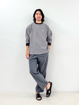 「NOLLEY’S（ノーリーズ）の【DANTON/ダントン】長袖Tシャツ LONG SLEEVE T-SHIRT（DT-C0200）（Tシャツ/カットソー、ベージュ系）」を使った、NISHINOさん（メンズ・178cm）の秋コーディネート
