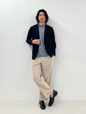 「NOLLEY’S（ノーリーズ）の《ビジカジ/セットアップ対応》強撚バスケット イージージャケット 26SS（テーラードジャケット、ブルー系）」を使った、NISHINOさん（メンズ・178cm）の夏コーディネート