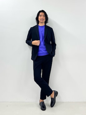 「NOLLEY’S（ノーリーズ）の《ビジカジ/セットアップ対応》強撚バスケット イージージャケット 26SS（テーラードジャケット、ブルー系）」を使った、NISHINOさん（メンズ・178cm）の夏コーディネート