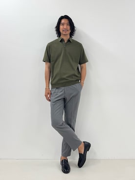 「NOLLEY’S（ノーリーズ）の《ビジカジ対応》ジャケットに合う 抗菌防臭 超長綿ハイゲージポンチ ドレスポロシャツ / ビズポロ（ポロシャツ、グリーン系）」を使った、NISHINOさん（メンズ・178cm）の夏コーディネート