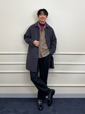 「アイテム（ステンカラーコート）」を使った、NISHINOさん（メンズ・178cm）の冬コーディネート