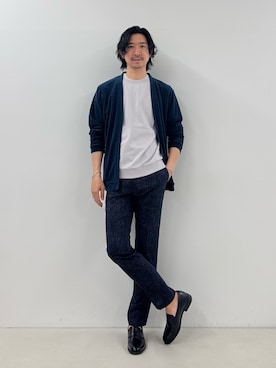 「NOLLEY’S（ノーリーズ）の《セットアップ対応》ボタンレス パイルカーディガン 26SS（カーディガン/ボレロ、ブルー系）」を使った、NISHINOさん（メンズ・178cm）の春コーディネート
