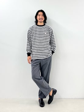 「NOLLEY’S（ノーリーズ）の【DANTON/ダントン】長袖Tシャツ LONG SLEEVE T-SHIRT（DT-C0200）（Tシャツ/カットソー、ブラック系）」を使った、NISHINOさん（メンズ・178cm）の秋コーディネート