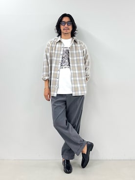 「NOLLEY’S（ノーリーズ）のウール オンブレチェック レギュラーシャツ 26AW（シャツ/ブラウス、ベージュ系）」を使った、NISHINOさん（メンズ・178cm）の秋コーディネート