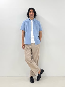 「NOLLEY’S（ノーリーズ）のクジラBD S/S サッカー/オックス 半袖シャツ 26SS（シャツ/ブラウス、ブルー系）」を使った、NISHINOさん（メンズ・178cm）の夏コーディネート