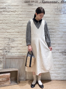 「Samansa Mos2（サマンサ モスモス）のバイカラーバレエシューズ（バレエシューズ、ブラック系）」を使った、ユウキさん（レディース・169cm）の春コーディネート