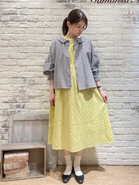 「Samansa Mos2（サマンサ モスモス）のジャカード柄ノースリーブワンピース（ワンピース、イエロー系）」を使った、ユウキさん（レディース・169cm）の春コーディネート