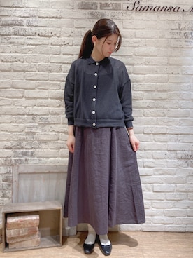 「Samansa Mos2（サマンサ モスモス）のメッシュ編み襟付カーディガン（カーディガン/ボレロ、グレー系）」を使った、ユウキさん（レディース・169cm）の春コーディネート