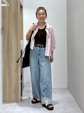 「GLOBAL WORK（グローバルワーク）のピンレスベルト/250481（ベルト、ブラウン系）」を使った、MiCAさん（レディース・154cm）の夏コーディネート