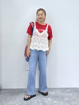 「GLOBAL WORK（グローバルワーク）のGOODデニムイージー綿麻パンツ/634610（デニムパンツ、ブルー系）」を使った、MiCAさん（レディース・154cm）の夏コーディネート