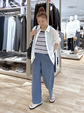 「GLOBAL WORK（グローバルワーク）のスッキリイージーパンツ/629832（その他パンツ、ブルー系）」を使った、MiCAさん（レディース・154cm）の夏コーディネート