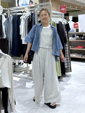 「GLOBAL WORK（グローバルワーク）のパールコインY字ネックレス/646370（ネックレス、シルバー系）」を使った、MiCAさん（レディース・154cm）の夏コーディネート